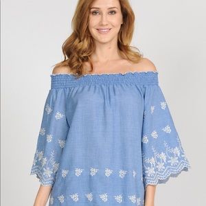 Blue Floral Embroidered Off The Shoulder Top